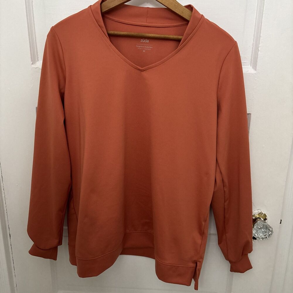 Zuda Women's Top Sz XS Z-Move V Neck Pullover w Side Slits Orange
